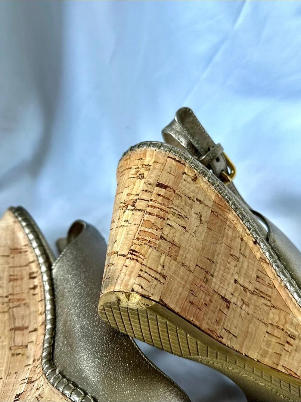 Stuart Weitzman Metallic Gold Peep-Toe Slingback Wedges - Picture 5 of 9